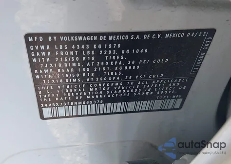 2022 Volkswagen Taos 1.5T Se z USA, uszkodzony, nr VIN 3VVRX7B29NM069379